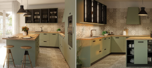 Utiliza una isla o una peninsula para crear una cocina abierta. El diseño de la cocina con isla o península hará que la integración de los dos espacios sea mejor. Si no tenemos tanto espacio, colocar una pequeña barra para desayunos puede conseguir esta función de separación visual que buscamos.